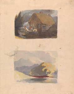 Kaksi piirustusta yhdelle arkille: Mökki hahmoilla edessä (nro 15); Maisema joen ja vuorten kanssa - Auringonpaiste (nro 16) tekijältä Thomas Sully