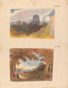 Kaksi piirustusta yhdelle arkille: Maisema linnan kanssa - moderni tapa (nro 13); Maisema hahmoilla etualalla (nro 14) tekijältä Thomas Sully