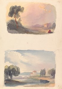 Kaksi piirustusta yhdelle arkille: Maisema, jossa vuoret kaukana ja istuvia hahmoja etualalla (nro 1); Maisema, joki ja rakennus, vuoret etäisyydellä (nro 2) tekijältä Thomas Sully