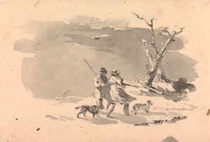 Kaksi metsästäjää ja kaksi koiraa talvimaisemassa tekijältä Thomas Sully