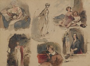 [Nimetön] (Six Figure Studies), n. 1830-luku (rautamuste & wc beigellä, keskipainoisella, kohtalaisen teksturoidulla antiikkipaperilla) (recto) tekijältä Thomas Sully