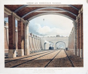 Näkymä otettu Hampstead Road Bridgen alta, katsoen kohti asemaa Euston Squarella, 1837 (käsinvärinen kaiverrus) tekijältä Thomas Talbot Bury