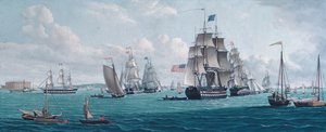 Yhdysvaltain laiva Franklin, josta on näkymät New Yorkin lahdelle, 1820- tai 1830-luku. tekijältä Thomas Thompson