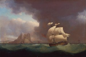 Kaksikerroksinen ja muita aluksia myrskyisellä säällä Gibraltarin edustalla tekijältä Thomas Whitcombe