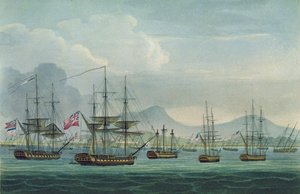Maria Riggersbergenin vangitseminen 18. lokakuuta 1806, J. Bailey kaivertanut J. Ralfen teokseen "The Naval Chronology of Great Britain", julkaistu 1820