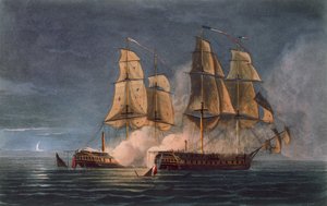 Thetiksen vangitseminen, HMS Amethyst, 10. marraskuuta 1808, kaiverrettu T. Sutherland J. Ralfen teokseen "The Naval Chronology of Great Britain", julkaistu 1820