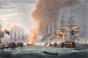 Tanskan laivaston tuhoaminen ennen Kööpenhaminaa, 2. huhtikuuta 1801, kaivertanut Thomas Sutherland J. Jenkinsin teokseen "Naval Achievements", 1816