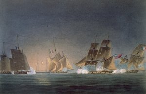 HMS Rinaldo työllistää neljä ranskalaista sotilasta, J. Bailey kaivertanut J. Ralfen teokseen "The Naval Chronology of Great Britain", julkaistu 1820 tekijältä Thomas Whitcombe