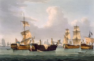 Lord Hothamin toiminta, 14. maaliskuuta 1795, kaivertanut Thomas Sutherland J. Jenkinsin teokseen "Naval Achievements", 1816 (värikaiverrus)