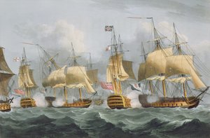 Lord Howe elokuvassa Queen Charlotte, Breaking the Enemy Line, 29. toukokuuta 1794, kaivertanut Thomas Sutherland J. Jenkinsin teokseen "Naval Achievements", 1816 (värikaiverrus)