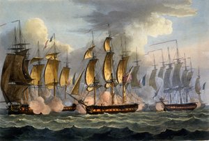 La Prévoyanten ja La Raisonin valloitus 17. toukokuuta 1795, James Jenkinsin teoksesta "The Naval Achievements of Great Britain", kaiverrettu Thomas Sutherlandin toimesta, julkaistu 1817 (käsin värjätty akvatintta).