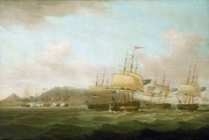 Saint Paulin valtaaminen Bourbonin saaren (nykyinen Réunionin saari) lähistöllä brittilaivaston toimesta 21. syyskuuta. tekijältä Thomas Whitcombe