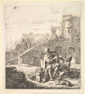 Lazarillo varastaa viinirypäleitä köyhältä sokealta kerjäläiseltä, 1600-luku.
