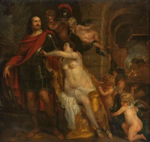 Venus aseistamassa soturia, mahdollisesti Johan Mauritsa Vulcanin pajassa tekijältä Thomas Willeboirts Bosschaert