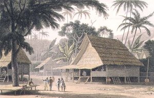 Malaijilainen kylä, levy 16 julkaisusta "Maalaiskuvallinen matka Intiaan" tekijältä Thomas und William Daniell
