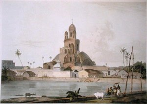 Govinda Ram Mitteen pagodi, Kalkutta, levy V teoksesta "Oriental Scenery", julkaistu 1800 (värillinen akvatinta) tekijältä Thomas und William Daniell