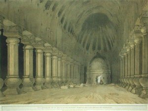 Kaivetun hindutemppelin sisustus Salsetten saarella, levy 63 julkaisusta Oriental Scenery: Twenty Four Views in Hindoostan, julkaistu 1800 (värilitho) tekijältä Thomas und William Daniell