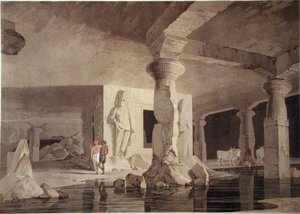 Osa Elefantan temppeliä, levy VIII "Itämaisista maisemista", julkaistu 1800 (värillinen akvatinta) tekijältä Thomas und William Daniell