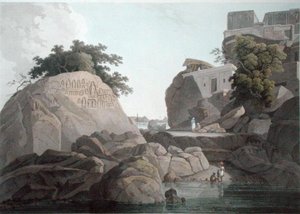 Kaakkoisnäkymä Fakeers Rockista Ganges-joella, lähellä Sultaungungea, levy X julkaisusta Oriental Scenery, julkaistu 1800 (värillinen akvatinta) (katso myös 86311) tekijältä Thomas und William Daniell