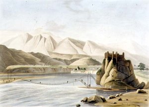Köysilta Sirinagurissa, levy XXIII osasta 6 "Oriental Scenery", pub. 1805 (akvatinta) tekijältä Thomas und William Daniell