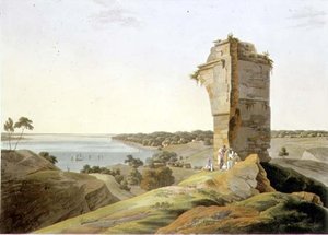 Näkymä Currahin linnakkeen raunioilta Ganges-joella, levy XXI osasta 4 "Oriental Scenery", pubi. 1803 (akvatinta) tekijältä Thomas und William Daniell