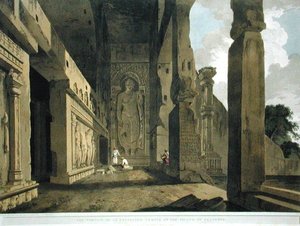 Kaivetun temppelin portico Salsetten saarella, levy 55 julkaisusta Oriental Scenery: Twenty Four Views in Hindoostan, julkaistu 1799 (värilitho) (katso 195050) tekijältä Thomas und William Daniell