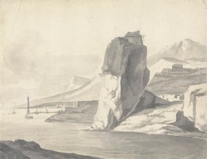 Rannikkomaisema (italialainen), jossa on aallonmurtaja, korkeat kalliot ja linnoitus