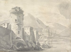 Linnoitetut rakennukset nousevat jyrkästi joen rannalta (Italiassa?) Venekeskuksen ja kaukaisten vuorten kanssa tekijältä Thomas Wyck