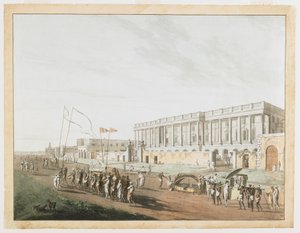 Uusi oikeustalo ja Chandpam Ghaut Kalkutan näkymistä tekijältä Thomas und William Daniell