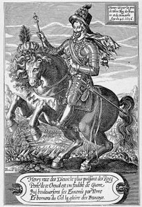Henry IV:n (1553 - 1610) (hevosen) muotokuva 45-vuotiaana, kaiverrus Thomas de Leu.
