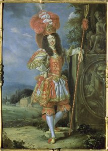 Leopold I (1640-1705), Pyhän Rooman keisari, teatteriasussa, pukeutunut La Galatean Acisiksi, Antonio Draghin säveltämä favola, 1667 (öljy kuparille)