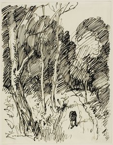 Metsäinen maisema ja Vagabond tekijältä Théophile Alexandre Pierre Steinlen
