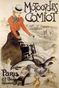 Mainosjuliste elokuvalle "Motorcycles Comiot", 1899 tekijältä Théophile Alexandre Steinlen