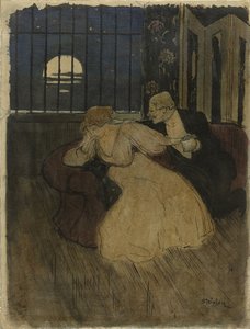 Hameinen herrasmies yrittää suostutella epäilevää naista sohvalla tekijältä Théophile Alexandre Steinlen