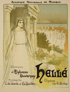 Jäljennös julisteesta, joka mainostaa Academie Nationale de Musiquen esittämää oopperaa "Helle", 1896