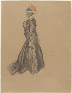 Mustassa seisova nainen, jossa on juna ja värillinen olkihattu kesäkukilla tekijältä Théophile Alexandre Steinlen