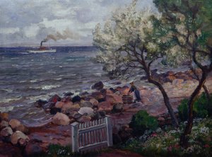 Kesämaisema puutarhaportilla ja naisella (öljy kankaalle)