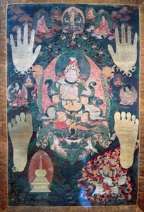 Gnya-Khri btsan-Po, legendaarinen Tiibetin ensimmäinen kuningas, bodhisattva Avalokitesvara, yksi Tiibetin ajallisista ja henkisistä johtajista, reinkarnaatio, maalaus kankaalle, Tiibetin sivilisaatio tekijältä Tibetan School