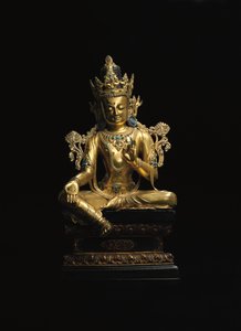 Avalokiteshvaran keisarillinen hahmo (katso myös 474250-474254) (kullattua pronssia) tekijältä Tibetan School