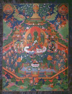 Thangka, joka kuvaa Green Taraa (guassi tekstiilillä) tekijältä Tibetan School