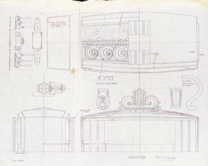 Piirustus Tiffany & Co. -näyttelyn keskipisteestä ja kahdesta kolmen valon kynttelikköstä, tehty vuoden 1939 maailmannäyttelyä varten, n. 1939 (muste paperille) tekijältä Tiffany and Company