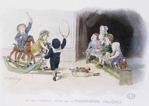 Lasten pelit: lapset erilaisilla leluilla (vanne, keinuhevonen, nuket...) - dess. de Lobrichon, toim. kirjoittanut Phosphatine Falieres, v.1920 tekijältä Timoleon Marie Lobrichon