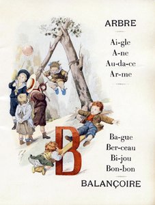 Kirjaimet A ja B, jotka edustavat swingiä leikkiviä lapsia, 1800-luvun loppu (kromolitografia) tekijältä Timoleon Marie Lobrichon