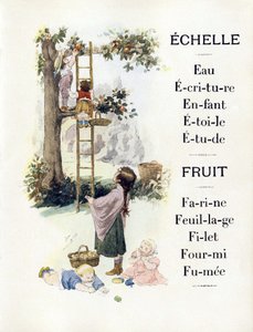 Kirjaimet E ja F edustavat appelsiineja leipovia lapsia, 1800-luvun loppu (kromolitografia) tekijältä Timoleon Marie Lobrichon