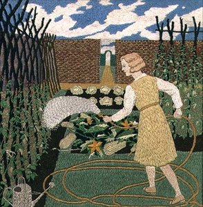 Nainen kastelee puutarhaa (käsityö) tekijältä Tirzah Ravilious