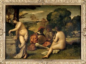 Bändin konsertti Muusikot nurmikolla, kaksi naista ovat alasti, yksi heistä täytti kannunsa vedellä suihkulähteessä. Tiziano Vecellio dit le Titian (1485-1576) tai Giorgio da Castelfranco dit Giorgione (1476/1478-1510) Sunin maalaus. 1,05 x 1