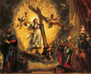 Doge Antonio Grimani polvistumassa Faith ja Pyhän Markuksen edessä, kirjoittanut Titian (noin 1490-1576) tekijältä Titian (c.1488 1576)