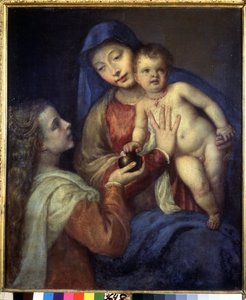 Madonna ja lapsi Maria Magdalenan kanssa. Titianin maalaus (Tiziano Vecellio tai Vecelli tai Tiziano da Cador