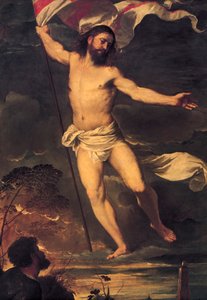 Kristuksen ylösnousemus, yksityiskohta Averoldin alttaritaulun keskipaneelista, kirjoittanut Tiziano Vecellio (1488-1576), öljy kankaalle, 278x292 cm, pyhien Nazarion ja Celson kollegiaalinen kirkko, Brescia