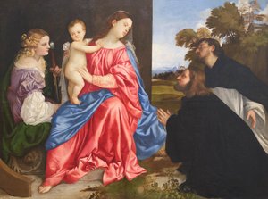 Pyhä keskustelu pyhien Katariinan ja Dominicin sekä lahjoittajan kanssa, n. 1533 (öljy kankaalle) tekijältä Titian (c.1488 1576)